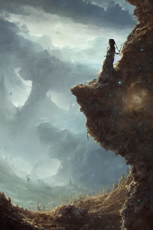 Image similar to profile view, a necromancer on a cliff with a staff casts a spell that reveals the secret of life the universe and everything, dirty linen robes, staff of bones, grizzled bearded withered man by jessica rossier and hr giger