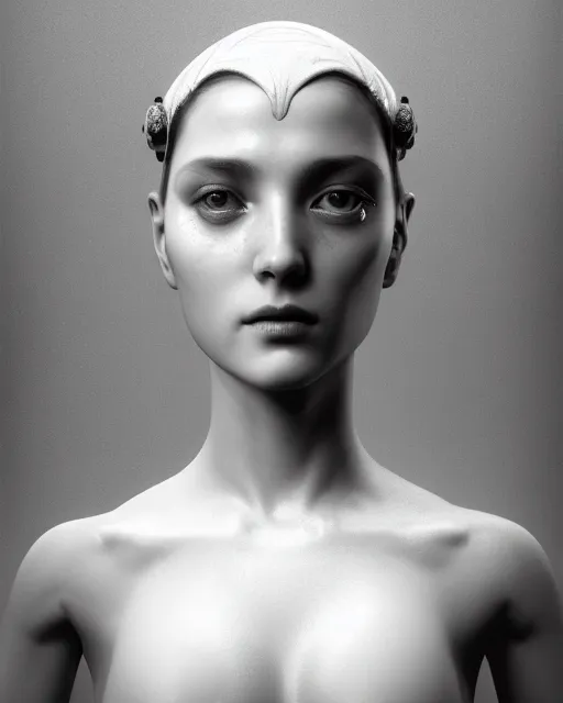 Image similar to dreamy, monochrome, subsurface scattering, white, young beautiful flower - cyborg goddess in cosmos, black and white, octane render, dino valls, mark ryden, highly detailed, rim light, art, cinematic lighting, very coherent, hyper realism, 8 k