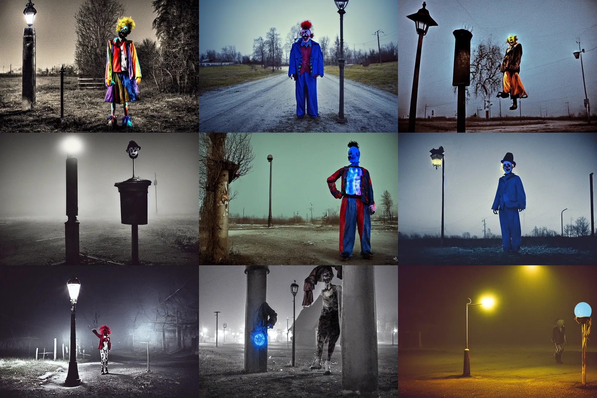 Prompt: a thin scary clown in torn clothes stands under a lamppost that shines a blue light on the clown, pitch darkness around the post, everything happens at night in an old Soviet village, the photo was taken from afar, Colourful, Cinematic, filmic, 35mm, dark atmosphere, horror, scary, Wildlife photography