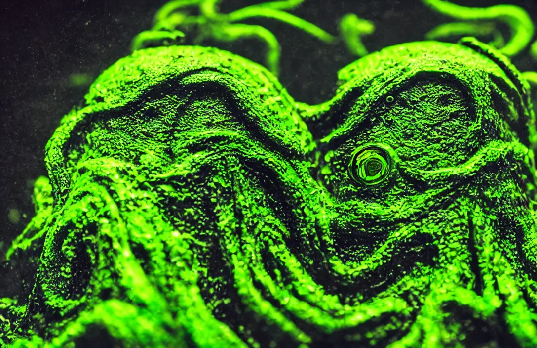 Image similar to cthulhu monster closeup, portrait, under water, glowing algae, sigma lens, strong bokeh, photography, highly detailed, 8 5 mm, f / 1. 3, foggy, dramatic lighting, 4 k