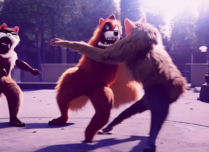 Prompt: nicolas cage beating up furry cosplayers, 8 k, octane render, choreographed fight scene, composition,