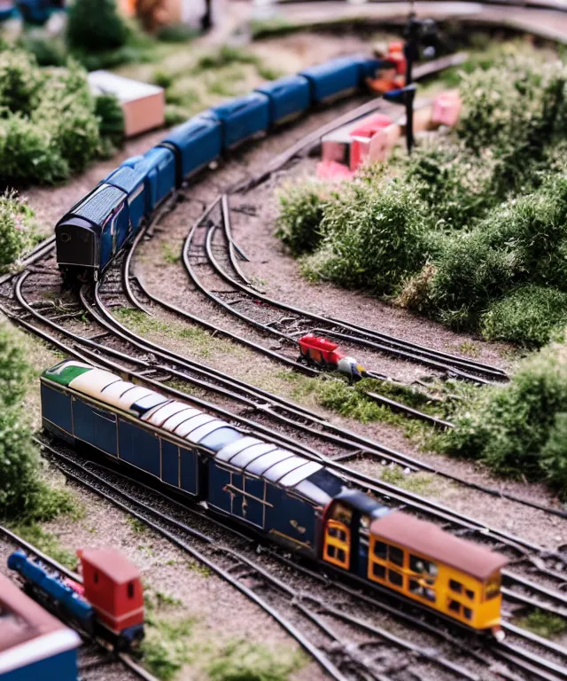 Image similar to high quality presentation photo of a model railway with model steam trains, photography 4k f1.8 anamorphic bokeh 4k Canon Nikon