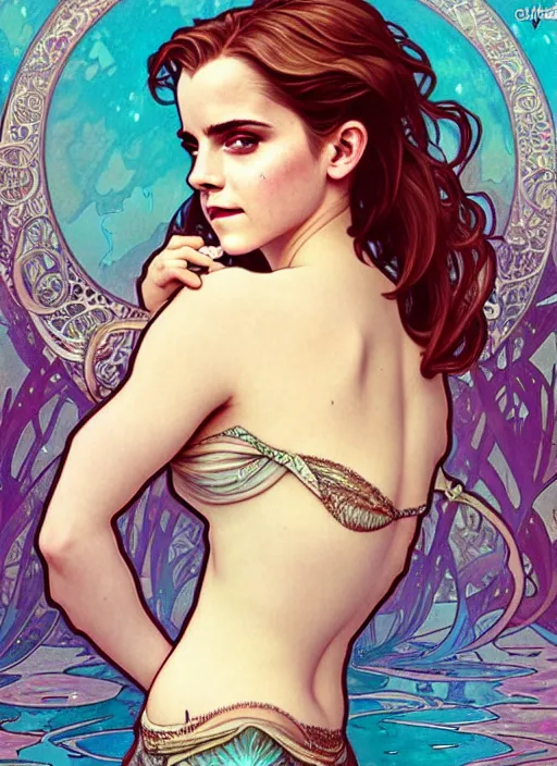 Image similar to Emma Watson as mermaid underwater, full body shot, cute, fantasy, intricate, elegant, highly detailed, digital painting, 4k, HDR, concept art, smooth, sharp focus, illustration, art by alphonse mucha,artgerm, H R Giger