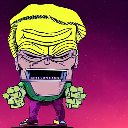 Image similar to donald trump's head as modok, the mental organism designed only for killing, little man in hovering throne, full body, psychic alien with huge head, marvel supervillain character