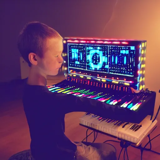 Image similar to incredible modular synthesizer, so many leds, handsome young man playing the synthesizer, trending on artstation