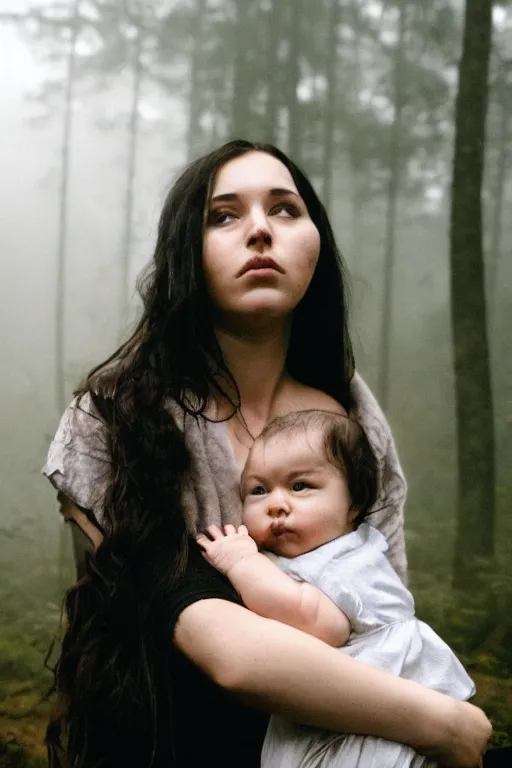 Image similar to a cinematic photo of a young woman with dark hair holds a baby in a dark, foggy forest, closeup, masterpiece