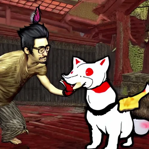 Image similar to Screenshot of the Markiplier character in the Playstation 2 game Okami. HDR, 4k, 8k, Okami being petted by the YouTuber Markiplier, who is looking at the camera while petting Okami. Very accurate depiction of Markiplier in Okami.