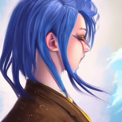 Image similar to side profile of rimuru tempest with sky blue hair, long hair, blue eyebrows, blue eyelashes, gold eyes, high collar, black jacket | shiny, highly detailed, rain, professional digital painting, concept art, award - winning photography, cinematic, wlop | art by pixiv art, yoshitaka amano, deviantart