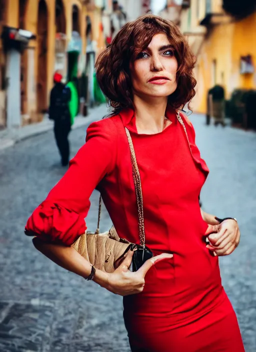 Image similar to close up portrait of beautiful 35-years-old Italian woman, wearing a red outfit, well-groomed model, candid street portrait in the style of Mario Testino award winning