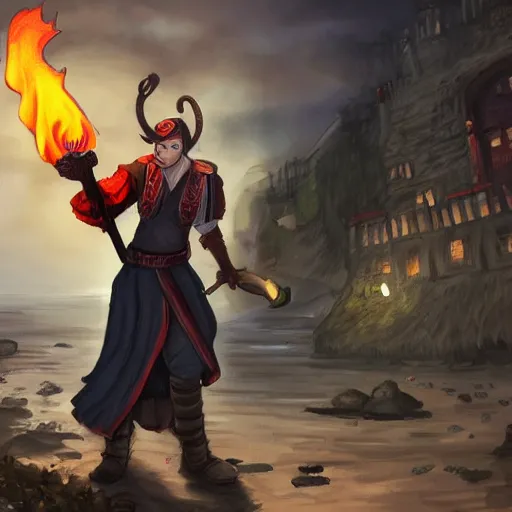 Image similar to Burning river port, Tiefling with a torch