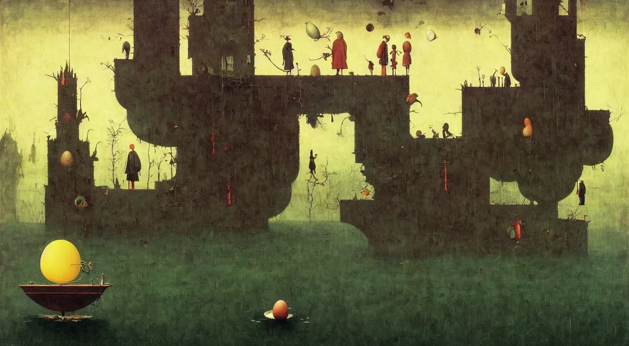 Image similar to single flooded simple!! egg tower, very coherent and colorful high contrast masterpiece by norman rockwell franz sedlacek hieronymus bosch dean ellis simon stalenhag rene magritte gediminas pranckevicius, dark shadows, sunny day, hard lighting