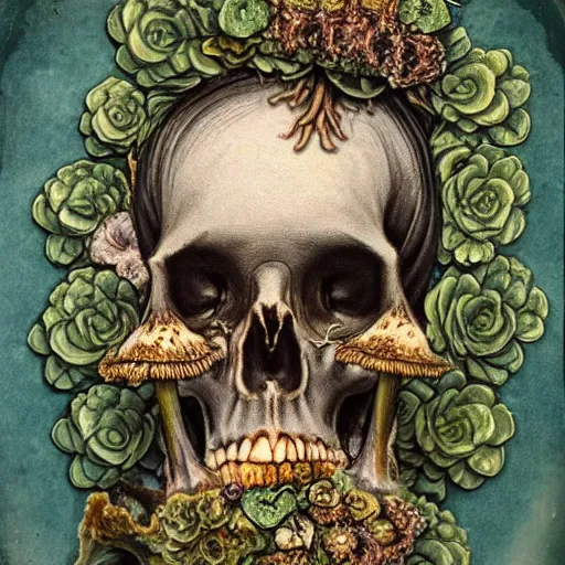 Image similar to a beautiful detailed front view rococo portrait of a rotten woman corpse becoming almost a skull with fractal plants and fractal flowers and mushrooms growing around, intricate, ornate, volumetric light, beautiful lit, polaroid photography, the northman