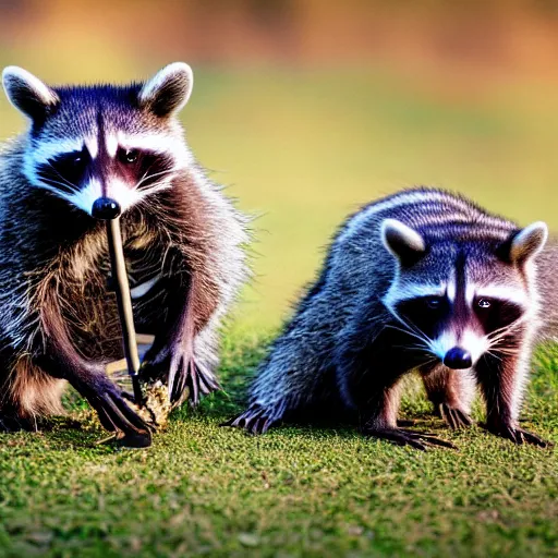 Prompt: photo of two raccoons wearing suits, fighting over drumstick, award winning national geographic photograph