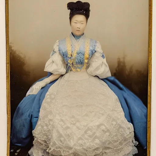 Prompt: A photograph featured inside of a museum, in a wide full shot, Russian and Japanese mix 1900s historical fantasy portrait of the empress’s white floor-length bridal gown that fades into a bright blue at the bottom.