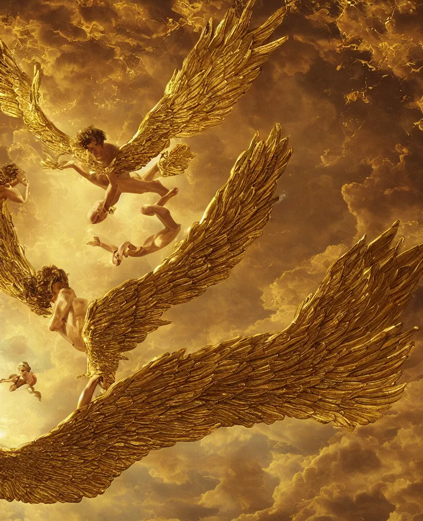 Prompt: icarus falling from the sky, golden, big wings, dramatic, round baroque frame, extremely detailed, 8 k