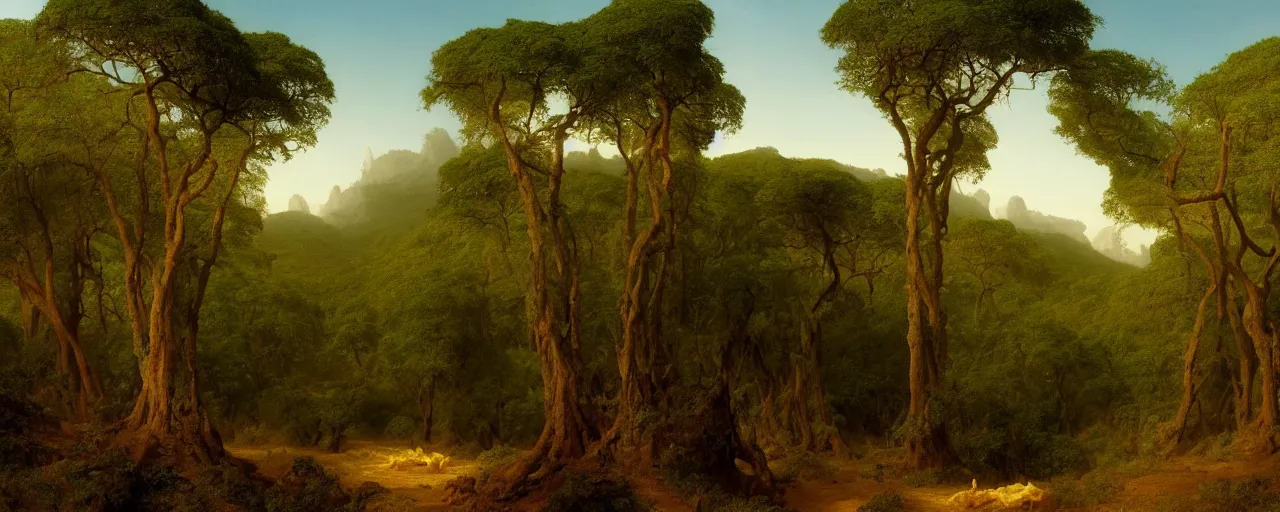 Prompt: On the left, the dark green forest full of primeval life force, by Thomas Cole, matte painting. The forest ends in the middle. On the right, the desert of sparkling sand dunes, by Jean-Leon Gerome, matte painting | a matte painting where the dark green ancient forest makes way for desert full of sparkling dunes on the right, landsape photography, the edge of the forest, national geographic, 8K | gradient of biomes