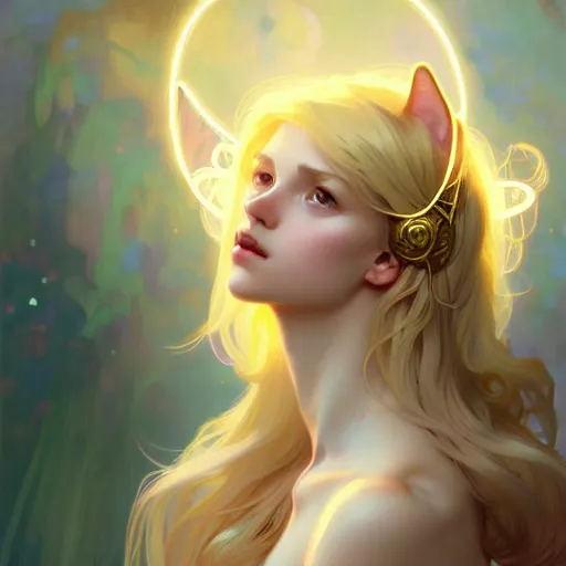 Image similar to A girl angel with blonde hair, cat ears, glowing halo, wings, fantasy, intricate, elegant, highly detailed, digital painting, artstation, concept art, smooth, sharp focus, illustration, art by Krenz Cushart and Artem Demura and alphonse mucha