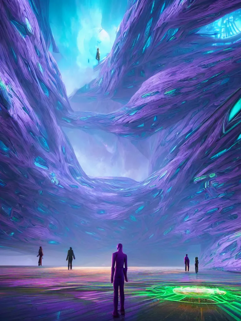 Image similar to entrance to ethereal realm, rendered in unreal engine, central composition, symmetrical composition, dreamy colourful cyberpunk colors, 6 point perspective, fantasy landscape with anthropomorphic!!! terrain!!! in the styles of igor morski, jim warren, and rob gonsalves, intricate, hyperrealistic, volumetric lighting, big sky, distinct horizon