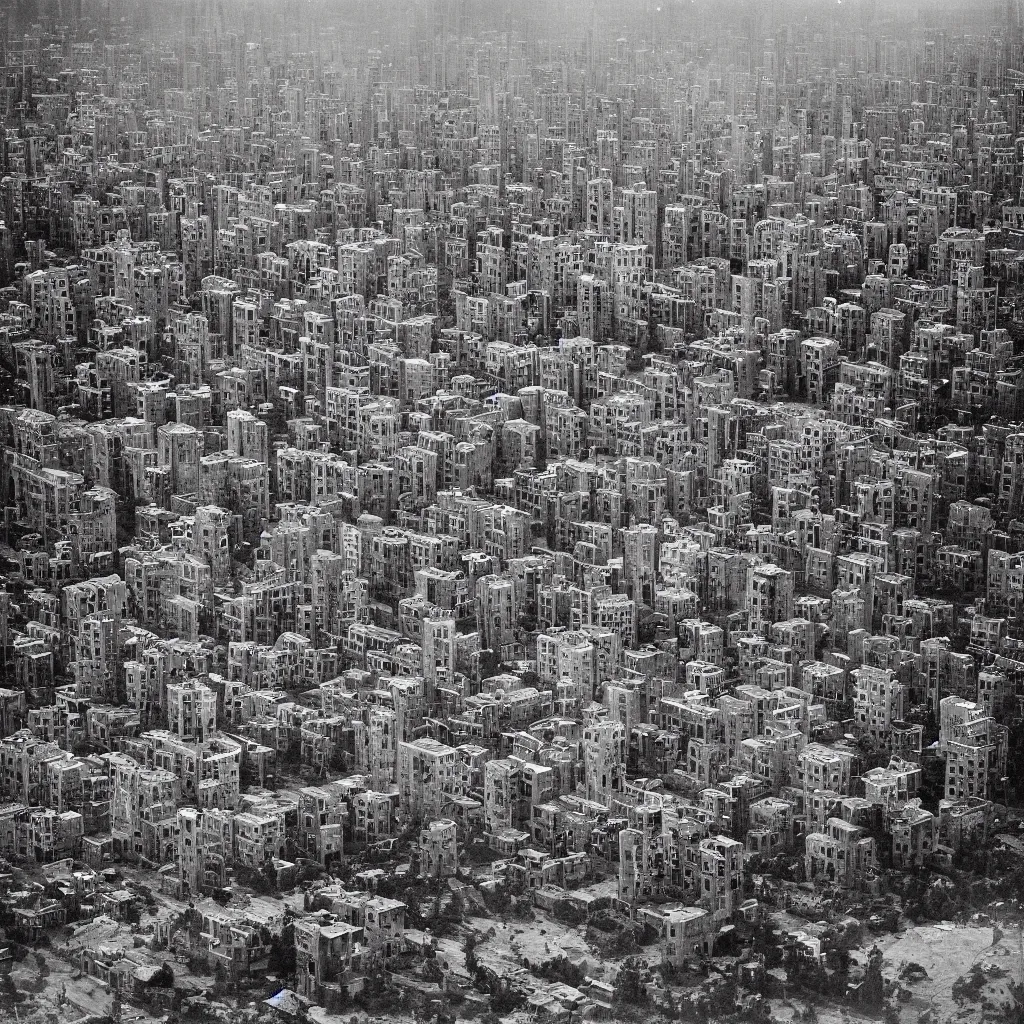 Image similar to two giant towers, made up of makeshift squatter shacks, misty, dystopia, mamiya rb 6 7, fully frontal view, very detailed, birds eye view, photographed by ansel adams