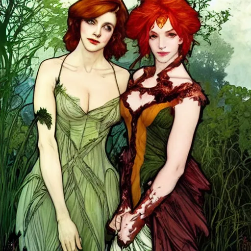 Image similar to a beautiful painting of emma watson and christina hendricks dressed as a poison ivy, dark eyeliner, intricate, elegant, highly detailed, digital painting, artstation, concept art, matte, sharp focus, illustration, art by rebecca guay and by arthur rackham and by alphonse mucha and by john william waterhouse