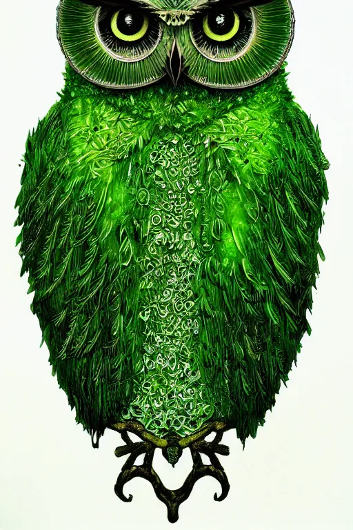 Image similar to a green moss owl, symmetrical, highly detailed, digital art, sharp focus, amber eyes, ferns, trending on art station