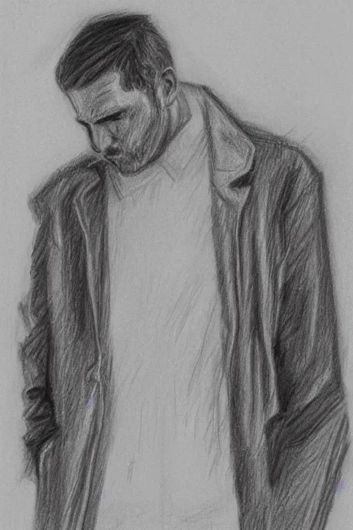 Image similar to a drawn man standing in the rain in a jacket. pencil sketch.