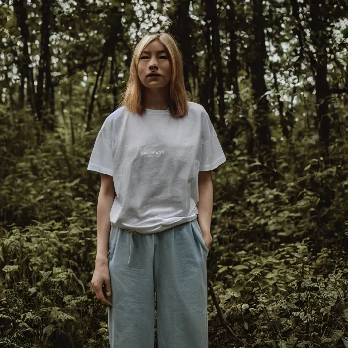 Image similar to a woman, in nature, backlit, wearing pants and a t-shirt, backlit, photo by Marat Safin, Canon EOS R3, f/1.4, ISO 200, 1/160s, 8K, RAW, unedited, symmetrical balance, in-frame