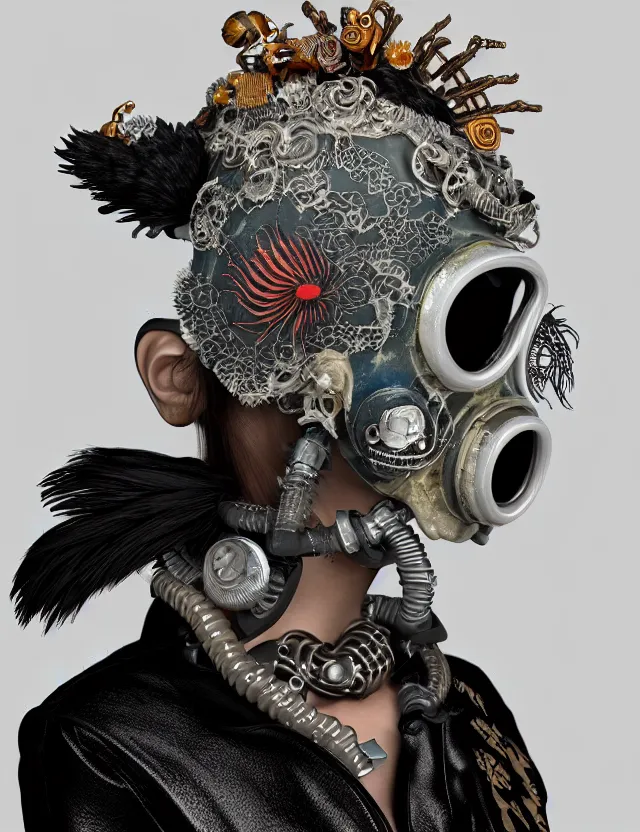 Image similar to 3 d goddess close - up profile punk portrait with vintage gas mask ram skull. beautiful intricately detailed japanese crow kitsune mask and clasical japanese kimono. betta fish, jellyfish phoenix, bio luminescent, plasma, ice, water, wind, creature, artwork by tooth wu and wlop and beeple and greg rutkowski