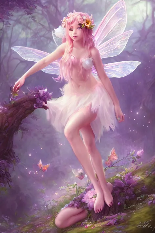 Image similar to a cute fairy in the dreamy forest, fantasy, 8 k resolution, hyper detailed, d & d, character design, digital painting, trending on artstation, sharp focus, illustration, art by artgerm, steve zheng, fuji choko, viktoria gavrilenko, hoang lap