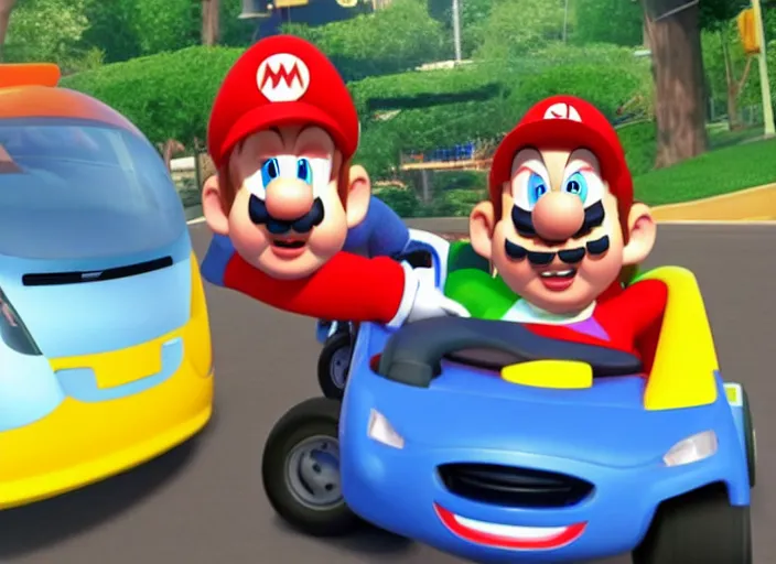 Image similar to steve buscemi driving a little tikes cozy coupe, movie still, from the new mario kart game, 8 k, realistic