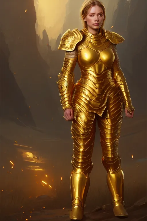 Image similar to professional digital art of a hyper realistic and highly detailed woman beautiful golden armor. accurate rending of one woman in armor. greg rutkowski, zabrocki, karlkka, jayison devadas, intricate, trending on artstation, 8 k, unreal engine 5, pincushion lens effect