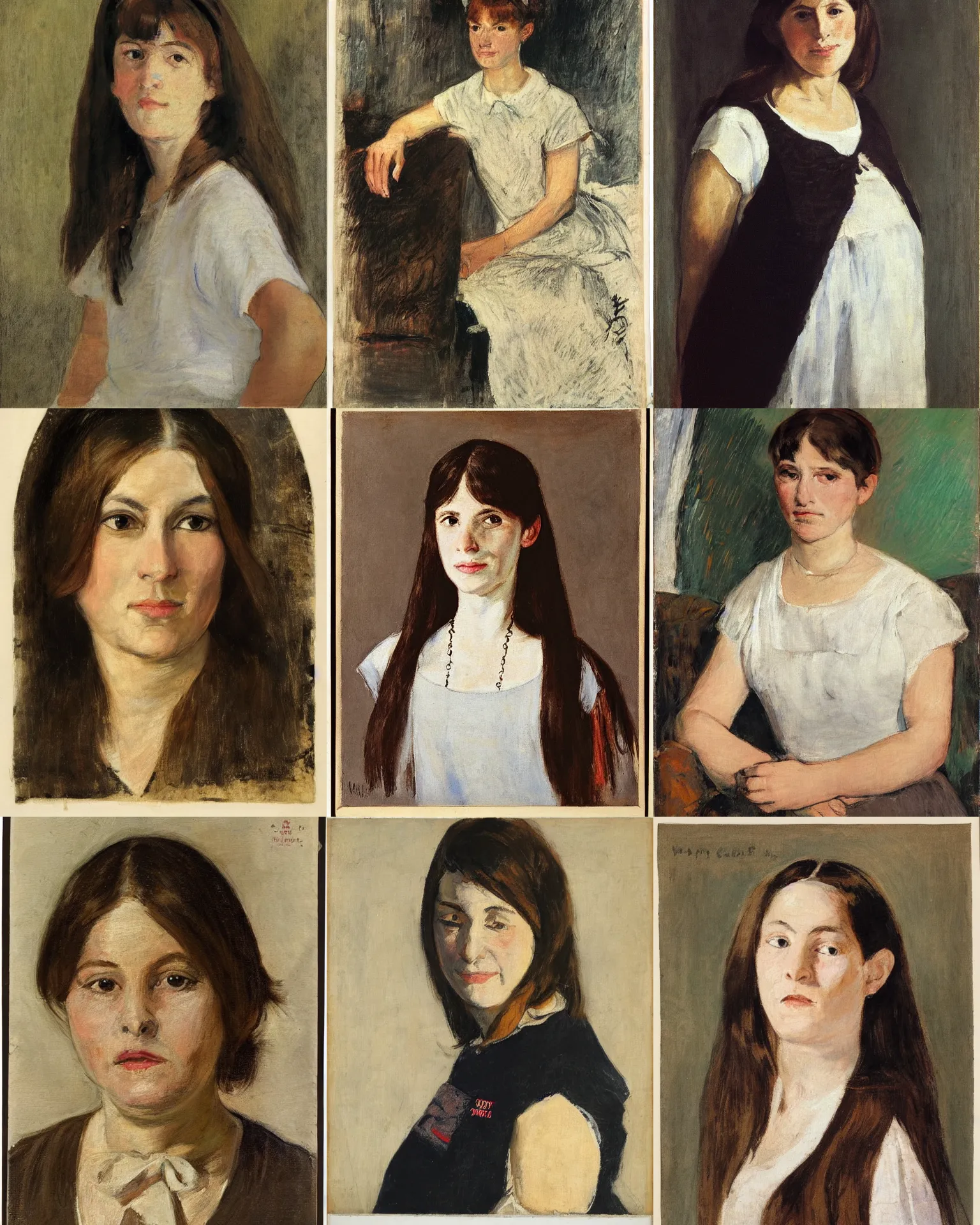 Prompt: a portrait of a woman by mary cassat. she has long straight dark brown hair, parted in the middle. she has large dark brown eyes, a small refined nose, and thin lips. she is wearing a t - shirt with the supreme brand across it, a sleeveless white blouse, a pair of dark brown capris, and black loafers.