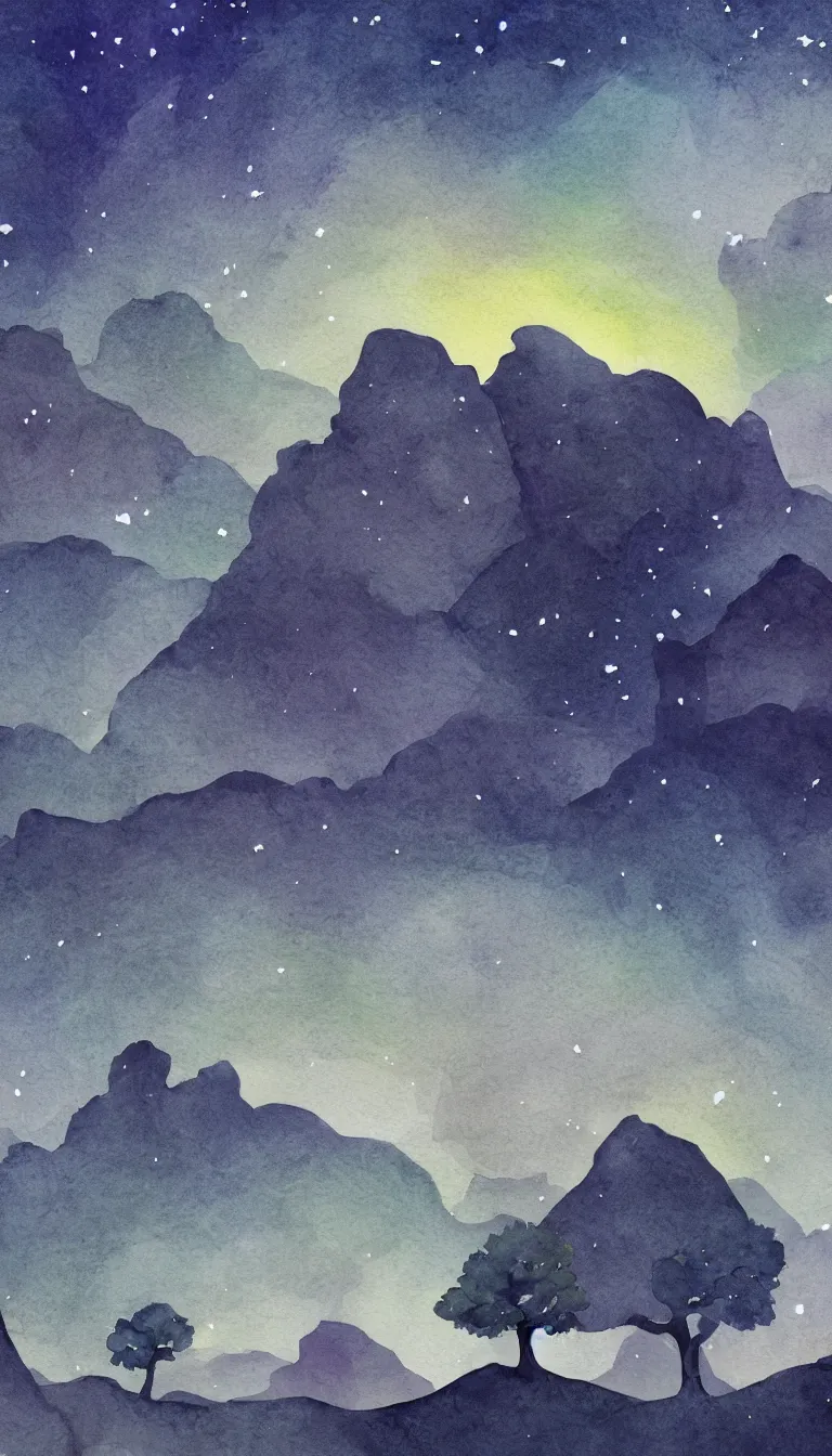 Prompt: Beautiful landscape illustration of large rock formation, watercolor, mysterious figure in foreground, dusty rock in background, trees in background, stars in sky, night, ancient, wallpaper
