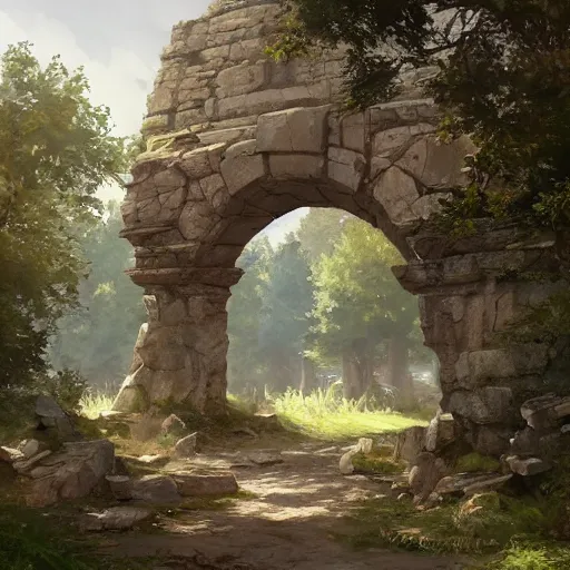 Prompt: concept art painting of a single free standing ancient stone archway, in the woods, realistic, detailed, cel shaded, in the style of makoto shinkai and greg rutkowski and james gurney