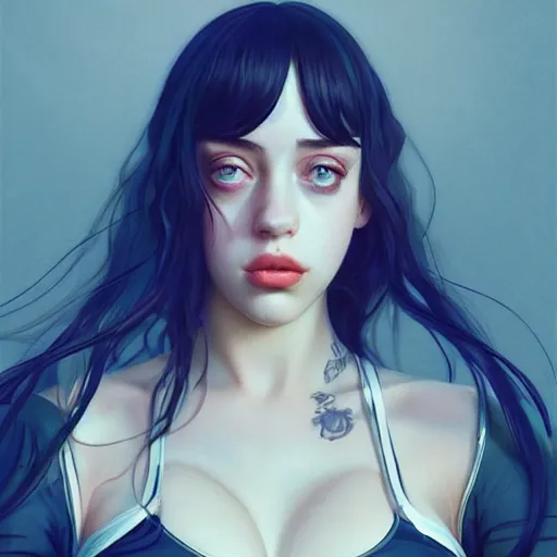 Prompt: a beautiful billie eilish kat dennings alluring gravure model in elaborate latex tank top, by guweiz and wlop and ilya kuvshinov and artgerm and makoto shinkai and studio ghibli, symmetrical eyes, aesthetic, gorgeous, stunning, alluring, attractive, artstation, deviantart, pinterest, digital art