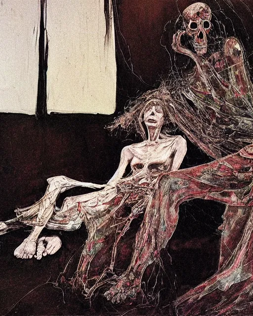 Image similar to an old dead couple sitting on a couch in a messy living room in an old apartment watching the televison on fire,  Francisco Goya and Francis Bacon painting, part by Beksiński and EdvardMunch. art by Harry Clarke and Peter Mohrbacher, Francis Bacon masterpiece