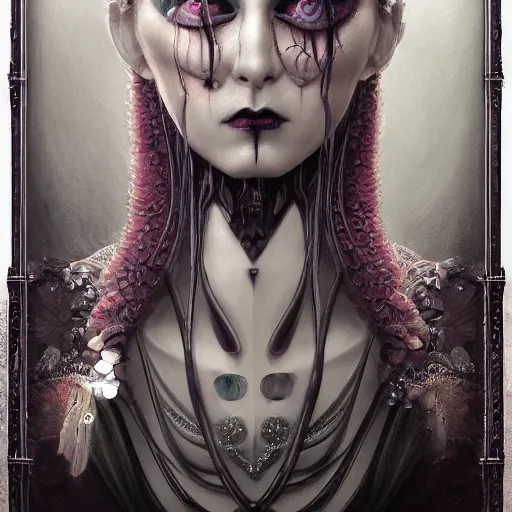 Prompt: tom bagshaw, soft painting fractal curiosities carnival, single beautiful spider queen facing camera in full nightshade gothic armor, accurate features, focus, very intricate ultrafine details, black white purple volumetric clouds, award winning masterpiece, octane render 8 k hd