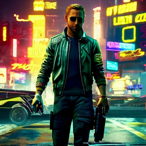 Ryan Gosling In The Game Cyberpunk 2 0 7 7 As A Stable Diffusion