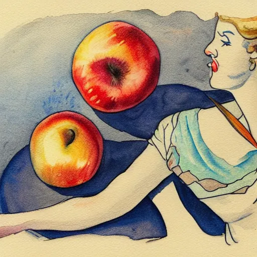 Prompt: a old tattoo of a sailor from the 1 9 4 0 s eating a honeycrisp apple, blues and whites, sketching, watercolor, color restoration, high quality