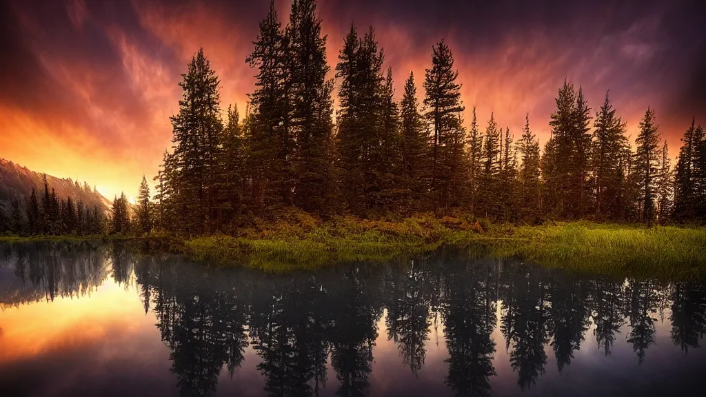 Prompt: amazing landscape photo of a forest with lake in sunset by marc adamus, beautiful dramatic lighting