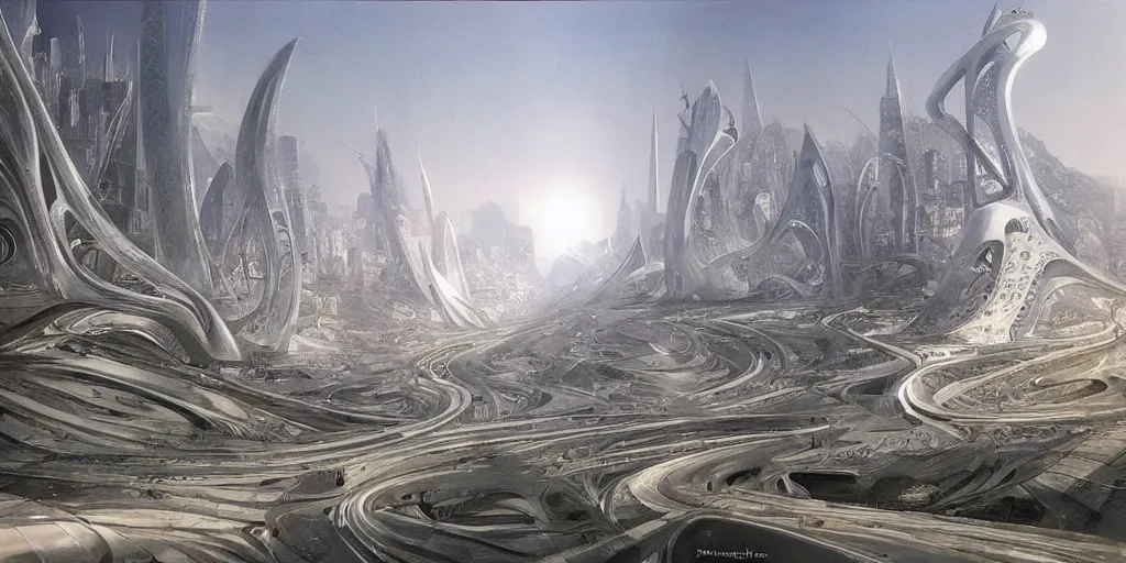 Image similar to a beautiful painting of epic fantasy islamic zaha hadid city by alan lee, trending on artstation