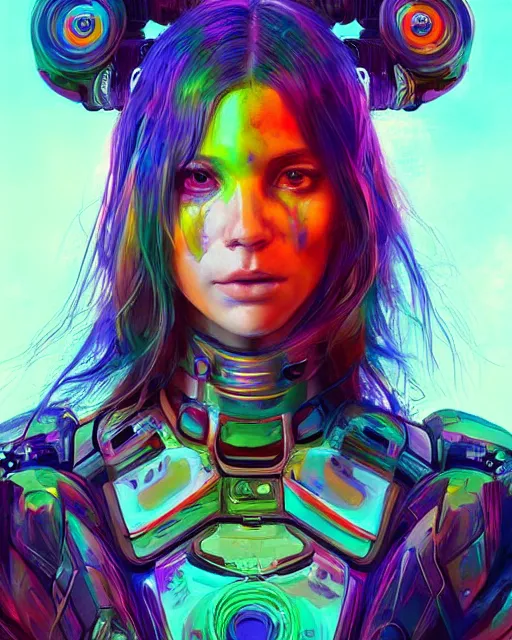 Image similar to colorful portrait of a female hippie cyborg, set in the future 2 1 5 0 | highly detailed | very intricate | symmetrical | professional model | cinematic lighting | award - winning | painted by mandy jurgens and ross tran | pan futurism, dystopian, bold psychedelic colors, cyberpunk, groovy vibe, anime aesthestic | featured on artstation