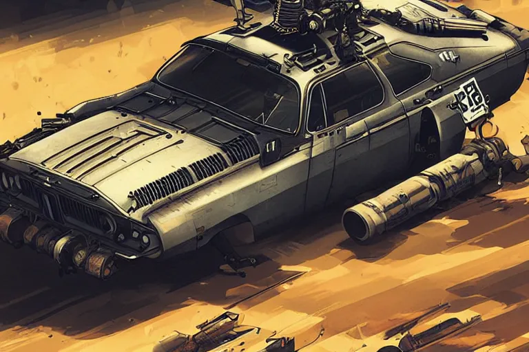 Image similar to dieselpunk digital illustration of mad max's bmw m 1 ( ( ( ( himars ) ) ) ) by makoto shinkai, ilya kuvshinov, lois van baarle, rossdraws, basquiat