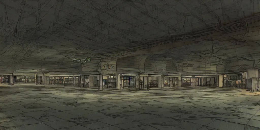 Image similar to abandoned mall at night, subtle wear - and - tear, anime!, award - winning digital art