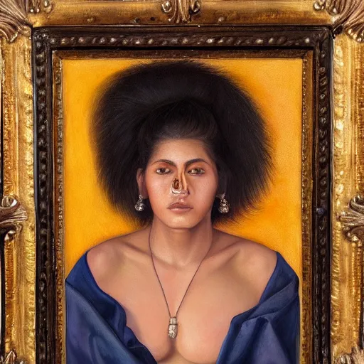 Image similar to A portrait of a thin trendy and gorgeous non-binary person, saturated skin tone, Mexican, oil painting, majestic, detailed, high resolution