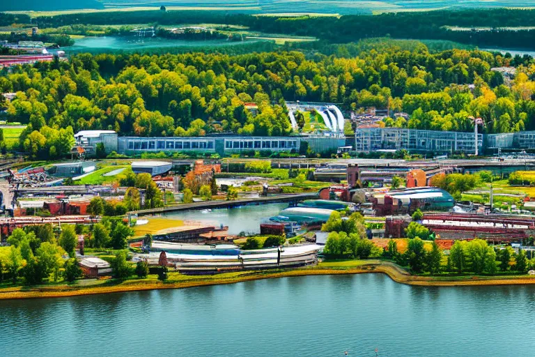 Image similar to bird's eye view photography of a small city. town hall, central farm, monorail station, inlet and shipping dock. hills, woods and pond to the north.