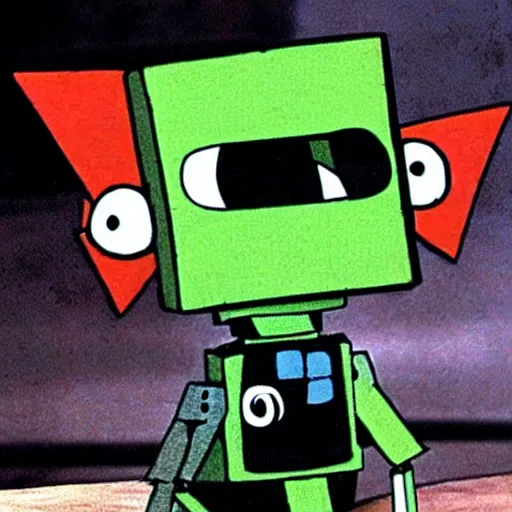 Image similar to tak from invader zim tv show building robot mimi on planet dirt