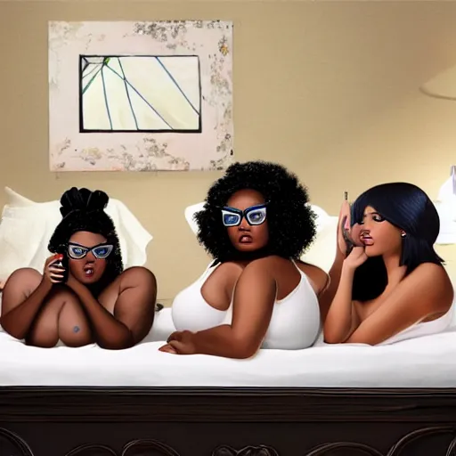 Image similar to photorealistic, stunning, coherent, beautiful painting, still of a group of black bbw models taking a picture of each other posing in the same bed , they are all laying down, one of them is on the phone with her boyfriend , 3d, in the style of pixar, smooth, 3d, highly detailed, highly detailed, sharp focus, bokeh, depth of field, 16k resolution, Unreal Engine 5, coherent, cinematic lighting, photorealistic