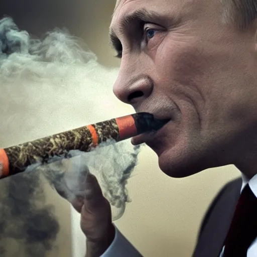 Prompt: vladimir putin smoking a bong and exhaling a large smoke cloud, candid photography