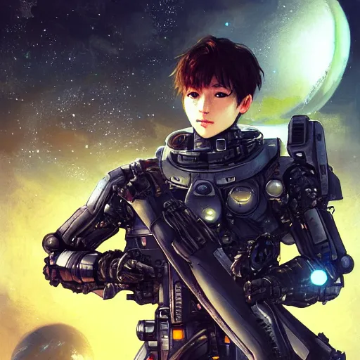 Prompt: award winning, extremely photorealistic, bokeh, beautiful detail, stars in the sky, cybernetic, sci-fi space game art, jeon Jungkook holding a gun. alien planet art by Akihito Yoshitomi AND Yoji Shinkawa AND Greg Rutkowski, Mark Arian trending on artstation